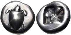 Greek ISLANDS off ATTICA, Aegina. Circa 525/0-500 BC. AR Stater (20mm, 11.95 g). Sea turtle, head in profile, with thin collar, [row of dots down its back], and thin legs / Deep incuse square of "Unio