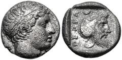 Greek MYSIA, Pergamon. Circa 450 BC. AR Diobol (11mm, 1.49 g, 6h). Laureate head of Apollo right / Bearded head right, wearing Persian tiara, within incuse square. Von Fritze, Pergamon pl. I, 1; Mørkh
