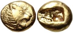 Greek KINGS of LYDIA. temp. Alyattes – Kroisos. Circa 620/10-550/39 BC. EL Trite – Third Stater (13mm, 4.71 g). Sardes mint. Head of roaring lion right, "sun" with multiple rays on forehead / Two incu