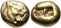 Greek KINGS of LYDIA. temp. Alyattes – Kroisos. Circa 620/10-550/39 BC. EL Trite – Third Stater (12mm, 4.73 g). Sardes mint. Head of roaring lion right, "sun" with multiple rays on forehead / Two incu