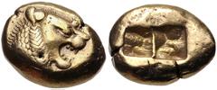 Greek KINGS of LYDIA. temp. Alyattes – Kroisos. Circa 620/10-550/39 BC. EL Trite – Third Stater (13mm, 4.73 g). Sardes mint. Head of roaring lion right, "sun" with multiple rays on forehead / Two incu