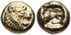 Greek KINGS of LYDIA. temp. Alyattes – Kroisos. Circa 620/10-550/39 BC. EL Hemihekte – Twelfth Stater (7.5mm, 1.17 g). Sardes mint. Head of roaring lion right, sun with no rays on forehead / Incuse sq