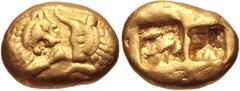 Greek KINGS of LYDIA. Kroisos. Circa 564/53-550/39 BC. AV Stater (17.4mm, 10.70 g). Heavy series. Sardes mint. Prototype issue. Confronted foreparts of lion, with sun on forehead, and bull / Two incus