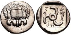 Greek DYNASTS of LYCIA. Mithrapata. Circa 390-370 BC. AR Sixth Stater (12mm, 1.51 g). Phellos(?) mint. Facing lion scalp / Triskeles; dolphin in one section; all within incuse square. Müseler VII 76–7