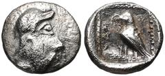 Greek SOUTHERN ASIA MINOR, Uncertain. 5th-4th centuries BC. AR Tetartemorion(?) (6mm, 0.19 g, 7h). Head right / Bird standing left; uncertain legend (Aramaic ZMAM?) to left; all in dotted square withi