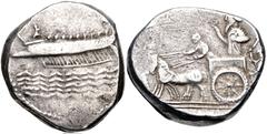 Greek PHOENICIA, Sidon. Uncertain king. Early-mid 4th century BC. AR Dishekel (23.5mm, 25.75 g, 9h). Contemporary imitation. Phoenician galley left; waves below / Persian king and driver in chariot dr