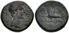 Roman Provincial LYDIA, Philadelphia. Gaius (Caligula). AD 37-41. Æ (17mm, 5.97 g, 12h). Kleandros, magistrate. Bare head right / Capricorn left, with cornucopia on back; monogram to left. RPC I 3028.