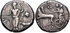 Greek SICILY, Selinos. Circa 455-409 BC. AR Tetradrachm (24.5mm, 14.40 g, 6h). Contemporary imitation. Artemis, holding reins, driving quadriga left; beside her, Apollo standing left, drawing bow / Se