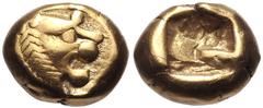 Greek KINGS of LYDIA. temp. Alyattes – Kroisos. Circa 620/10-550/39 BC. EL Hemihekte – Twelfth Stater (7mm, 1.17 g). Sardes mint. Head of roaring lion right, sun with no rays on forehead / Incuse squa