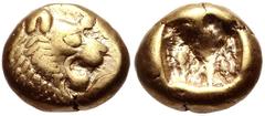 Greek KINGS of LYDIA. temp. Alyattes – Kroisos. Circa 620/10-550/39 BC. EL Hemihekte – Twelfth Stater (7.5mm, 1.18 g). Sardes mint. Head of roaring lion right, sun with no rays on forehead / Incuse sq