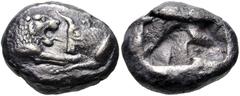 Greek KINGS of LYDIA. Kroisos. Circa 564/53-550/39 BC. AR Hemistater (16mm, 4.99 g). Sardes mint. Confronted foreparts of lion and bull / Two incuse squares of unequal size. Berk 23; SNG Ashmolean 768
