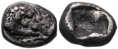 Greek KINGS of LYDIA. Kroisos. Circa 564/53-550/39 BC. AR Twelfth Stater (8.5mm, 0.81 g). Sardes mint. Confronted foreparts of lion and bull / Incuse square. Berk 26–7; SNG Ashmolean 775 (Persian Peri