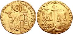 Byzantine Basil I the Macedonian, with Constantine. 867-886. AV Solidus (18mm, 4.24 g, 6h). Constantinople mint. Struck 871-886. Christ Pantokrator enthroned facing; star at end of legend / Crowned fa