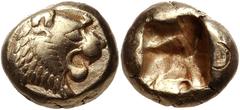 Greek KINGS of LYDIA. temp. Alyattes – Kroisos. Circa 620/10-550/39 BC. EL Hemihekte – Twelfth Stater (7.5mm, 1.18 g). Sardes mint. Head of roaring lion right, sun with no rays on forehead / Incuse sq