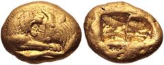 Greek KINGS of LYDIA. Kroisos. Circa 564/53-550/39 BC. AV Stater (17mm, 10.73 g). Heavy series. Sardes mint. Regular issue. Confronted foreparts of lion and bull / Two incuse squares. Berk 2; Le Rider