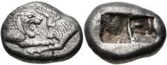 Greek KINGS of LYDIA. Kroisos. Circa 564/53-550/39 BC. AR Third Stater (14mm, 3.47 g). Sardes mint. Confronted foreparts of lion and bull / Two incuse squares of unequal size. Berk 24; SNG Ashmolean 7