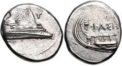 Greek LYCIA, Phaselis. 4th century BC. AR Stater (21.5mm, 10.39 g, 1h). Prow of galley right, fighting platform decorated with wreath; grape bunch on vine to right / Stern of galley left; tripod and Φ