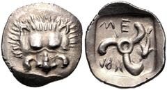 Greek DYNASTS of LYCIA. Mithrapata. Circa 390-370 BC. AR Sixth Stater – Diobol (13mm, 1.35 g). Phellos(?) mint. Lion scalp facing / Triskeles; dolphin in one section; all within incuse square. Müseler