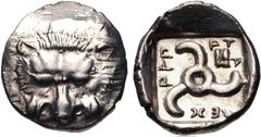 Greek DYNASTS of LYCIA. Mithrapata. Circa 390-370 BC. AR Sixth Stater – Diobol (12mm, 1.33 g). Uncertain mint. Lion scalp facing / Triskeles; astragalos in one section; all within incuse square. Müsel