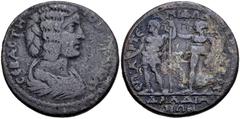 Roman Provincial LYDIA, Daldis. Julia Domna. Augusta, AD 193-217. Æ (29mm, 16.37 g, 6h). Draped bust right / Emperor standing left, holding globe and spear, being crowned by Nike. Unpublished in the s