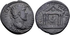 Roman Provincial LYDIA, Dioshieron. Marcus Aurelius. AD 161-180. Æ (34mm, 21.70 g, 5h). Laureate, draped, and cuirassed bust right / Tetrastyle temple enclosing statue of Zeus seated, l., holding stat