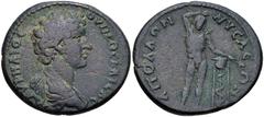 Roman Provincial LYDIA, Nysa. Marcus Aurelius. As Caesar, AD 139-161. Æ (31mm, 16.37 g, 6h). Bareheaded, draped, and cuirassed bust right / Apollo of Nysa standing facing, raising hand above head, han