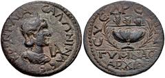Roman Provincial CILICIA, Syedra. Salonina. Augusta, AD 254-268. Æ 11 Assaria (29mm, 13.19 g, 12h). Diademed and draped bust right; IA to right / Oil basin between palm fronds with three graduated cup