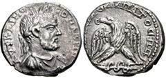Roman Provincial JUDAEA, Caesaraea Maritima. Macrinus. AD 217-218. AR Tetradrachm (25mm, 13.05 g, 12h). Laureate, draped, and cuirassed bust right / Eagle standing facing on serpent-entwined torchs, h