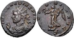 Roman Imperial Claudius II Gothicus. AD 268-270. Antoninianus (19mm, 3.99 g, 12h). Mediolanum (Milan) mint, 2nd officina. 1st emission, circa September AD 268. Radiate and cuirassed bust left, raising