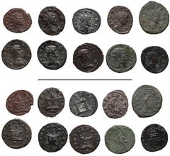 Roman Imperial Divus Claudius II Gothicus. Died AD 270. Lot of ten (10) Antoniniani. Includes the following commemorative issues: 1) MILAN. Altar with four panels. –/–//T. RIC Online 1272. 2) Similar 