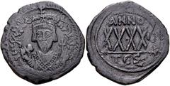 Byzantine Phocas. 602-610. Æ Follis – 40 Nummi (32mm, 12.92 g, 6h). Thessalonica mint. Dated RY 5 (606/7). Crowned facing bust, wearing consular robes, holding mappa and cross / Large XXXX; ANNO above