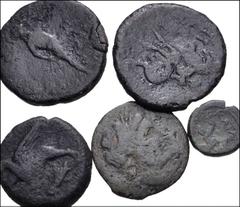 Large Lots GREEK. Magna Graecia & Sicily. Lot of five (5) Sicilian bronze coins. Includes: ALAISA. Æ 22mm. SNG ANS 1175 // CATANA. Æ 12mm. Catanian brothers type. SNG Cop. 199 // MESSANA/MAMMERTINOI. 