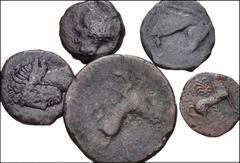 Large Lots GREEK. Magna Graecia & Sicily. Lot of six (6) mostly Carthaginian bronzes. Includes: Sardinia. Head of Tanit left/Head of horse right. SNG Cop. 150, 160 (2) // Head of Tanit left/Horse righ