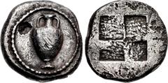 Greek MACEDON, Terone. Circa 490-480 BC. AR Didrachm (19.5mm, 8.37 g). Amphora / Quadripartite incuse square. Hardwick Group II, p. 123, n. 53 corr. (not a forgery) = Giessener Münzhandlung 46, lot 94