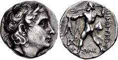 Greek KINGS of MACEDON. Demetrios I Poliorketes. 306-283 BC. AR Drachm (17mm, 4.04 g, 12h). Ephesos mint. Struck circa 301-295 BC. Diademed and horned head right / Poseidon Pelagaios standing left, pr