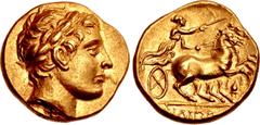 Greek KINGS of MACEDON. Antigonos II Gonatas(?). 277/6-239 BC. AV Stater (19mm, 8.52 g, 9h). In the name and types of Philip II. Amphipolis mint. Head of Apollo right, wearing laurel wreath / ΦIΛIΠΠ[O