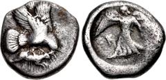 Greek ELIS, Olympia. 83rd-85th Olympiad. 448-440 BC. AR Stater (21mm, 10.99 g, 7h). Eagle flying right, grasping hare with talons and beak / Nike advancing left, holding wreath, within incuse circle. 