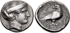 Greek ELIS, Olympia. 101st Olympiad. 376 BC. AR Stater (23mm, 11.78 g, 5h). Hera mint. Head of Hera right, wearing ornamented stephanos and single-pendant earring; F-A flanking neck / Eagle standing r