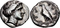 Greek ELIS, Olympia. 108th Olympiad. 348 BC. AR Stater (23.5mm, 12.06 g, 1h). Hera mint. Head of Hera right, wearing stephanos ornamented with palmette and lily, and single pendant earring; F-A flanki