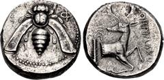 Greek IONIA, Ephesos. Circa 405-390 BC. AR Tetradrachm (22.5mm, 15.04 g, 12h). Therimachos, magistrate. Bee / Forepart of stag right, head left; palm tree to left, ΘHPIMAXOΣ to right. Hecatomnus p. 10