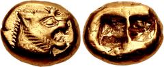 Greek KINGS of LYDIA. temp. Alyattes – Kroisos. Circa 620/10-550/39 BC. EL Trite – Third Stater (12.5mm, 4.71 g). Sardes mint. Head of roaring lion right, "sun" with multiple rays on forehead / Two in