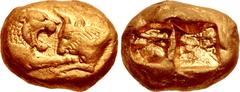 Greek KINGS of LYDIA. Kroisos. Circa 564/53-550/39 BC. AV Stater (16.5mm, 10.77 g). Heavy standard. Sardes mint. Regular issue. Confronted foreparts of lion and bull / Two incuse squares. Berk 2; Le R