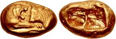 Greek KINGS of LYDIA. Kroisos. Circa 564/53-550/39 BC. AV Stater (18mm, 10.74 g). Heavy standard. Sardes mint. Regular issue. Confronted foreparts of lion and bull / Two incuse squares. Berk 2; Le Rid
