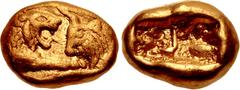 Greek KINGS of LYDIA. Kroisos. Circa 564/53-550/39 BC. AV Sixth Stater (9.5mm, 1.78 g). Heavy standard. Sardes mint. Confronted foreparts of lion and bull / Two incuse squares. Walburg Group III; Berk