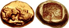 Greek KINGS of LYDIA. Kroisos. Circa 564/53-550/39 BC. AV Twelfth Stater (6.5mm, 0.90 g). Heavy standard. Sardes mint. Confronted foreparts of lion and bull / Two incuse squares. Walburg Group V; Berk