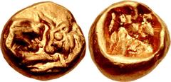 Greek KINGS of LYDIA. Kroisos. Circa 564/53-550/39 BC. AV Twenty-fourth Stater (5.5mm, 0.45 g). Heavy standard. Sardes mint. Confronted foreparts of lion and bull / Incuse square. Berk 14; Traité I –;