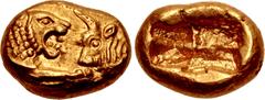 Greek KINGS of LYDIA. Kroisos. Circa 564/53-550/39 BC. AV Third Stater (10.5mm, 2.67 g). Light standard. Sardes mint. Confronted foreparts of lion and bull / Two incuse square punches of unequal size.