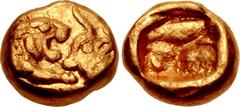 Greek KINGS of LYDIA. Kroisos. Circa 564/53-550/39 BC. AV Twelfth Stater (6mm, 0.65 g). Light standard. Sardes mint. Confronted foreparts of lion and bull / Incuse square. Walburg Group VI; Berk 10–3;