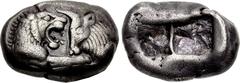 Greek KINGS of LYDIA. Kroisos. Circa 564/53-550/39 BC. AR Stater (20.5mm, 10.49 g). Sardes mint. Confronted foreparts of lion and bull / Two incuse squares of unequal size. Berk 20; SNG Ashmolean 760.