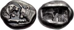 Greek KINGS of LYDIA. Kroisos. Circa 564/53-550/39 BC. AR Sixth Stater (11mm, 1.75 g). Sardes mint. Confronted foreparts of lion and bull / Two incuse squares. Berk 25; SNG Ashmolean 773 (Persian peri